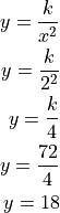 y = \frac{k}{x^2}

y = \frac{k}{2^2}

y = \frac{k}{4}

y = \frac{72}{4}

y = 18