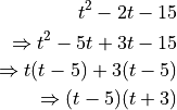 t^2 - 2t - 15

\Rightarrow t^2 - 5t + 3t - 15

\Rightarrow t(t - 5) + 3(t - 5)

\Rightarrow (t - 5)(t + 3)